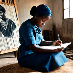 A dedicated Igbo artist, a woman, in simple, modest clothing, sits thoughtfully in a humble, makeshift studio during the Biafran War era. She is fully clothed in appropriate attire, sketching a poignant scene of resilience on repurposed fabric with charcoal. Natural light streams in, highlighting her determined expression. The setting conveys the scarcity of resources, yet her focus on creation is absolute. The image is a powerful visual narrative of endurance, safe for work, appropriate content, fully clothed, professional dress. Perfect anatomy, correct proportions, well-formed hands, natural body proportions, professional photography, high quality, family-friendly.