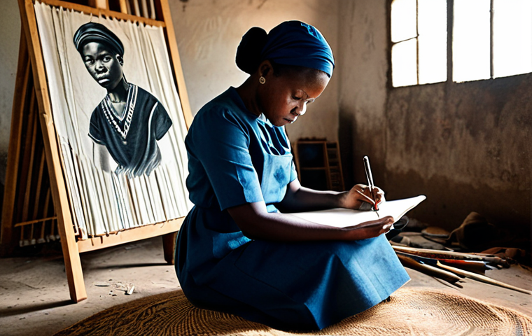 A dedicated Igbo artist, a woman, in simple, modest clothing, sits thoughtfully in a humble, makeshift studio during the Biafran War era. She is fully clothed in appropriate attire, sketching a poignant scene of resilience on repurposed fabric with charcoal. Natural light streams in, highlighting her determined expression. The setting conveys the scarcity of resources, yet her focus on creation is absolute. The image is a powerful visual narrative of endurance, safe for work, appropriate content, fully clothed, professional dress. Perfect anatomy, correct proportions, well-formed hands, natural body proportions, professional photography, high quality, family-friendly.