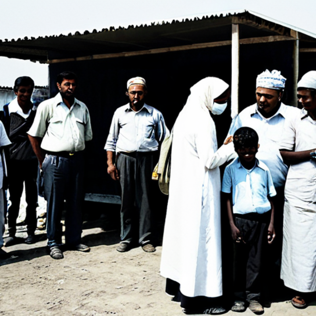 A fully clothed, diverse group of international aid workers in modest, practical attire, distributing humanitarian supplies to a group of fully clothed children and families within a temporary, clean shelter. In the background, fully clothed journalists capture the scene with vintage film cameras and early television equipment, highlighting media's powerful role in global awareness. The atmosphere reflects compassionate assistance and the birth of international humanitarian action. The image features perfect anatomy, correct proportions, natural poses, well-formed hands, and proper finger count. Professional photography, high quality, safe for work, appropriate content, family-friendly, fully clothed.