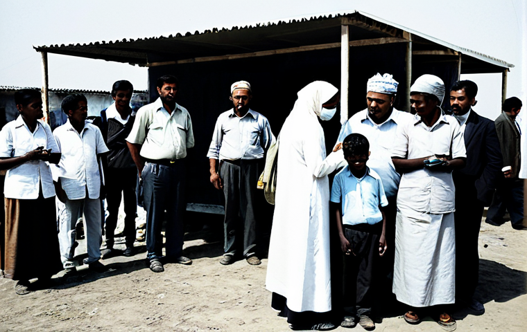A fully clothed, diverse group of international aid workers in modest, practical attire, distributing humanitarian supplies to a group of fully clothed children and families within a temporary, clean shelter. In the background, fully clothed journalists capture the scene with vintage film cameras and early television equipment, highlighting media's powerful role in global awareness. The atmosphere reflects compassionate assistance and the birth of international humanitarian action. The image features perfect anatomy, correct proportions, natural poses, well-formed hands, and proper finger count. Professional photography, high quality, safe for work, appropriate content, family-friendly, fully clothed.