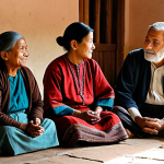 A small group of three individuals, a mix of adults and an elder, gather in a humble yet warm community space. They are fully clothed in modest, respectful traditional attire, their expressions conveying deep connection and quiet resilience as they share stories. The setting is a simple, well-maintained village interior, softly lit by natural light filtering through a window, emphasizing a sense of enduring peace and communal strength. Professional photography, realistic, high detail, safe for work, appropriate content, fully clothed, family-friendly, perfect anatomy, correct proportions, natural pose, well-formed hands, proper finger count, natural body proportions.