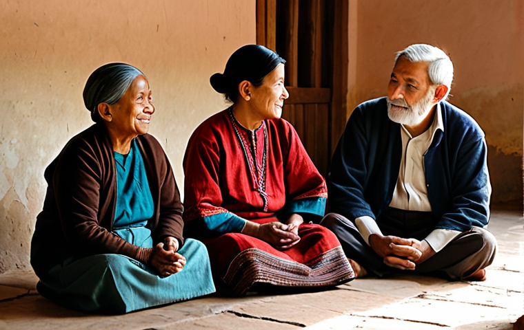 A small group of three individuals, a mix of adults and an elder, gather in a humble yet warm community space. They are fully clothed in modest, respectful traditional attire, their expressions conveying deep connection and quiet resilience as they share stories. The setting is a simple, well-maintained village interior, softly lit by natural light filtering through a window, emphasizing a sense of enduring peace and communal strength. Professional photography, realistic, high detail, safe for work, appropriate content, fully clothed, family-friendly, perfect anatomy, correct proportions, natural pose, well-formed hands, proper finger count, natural body proportions.