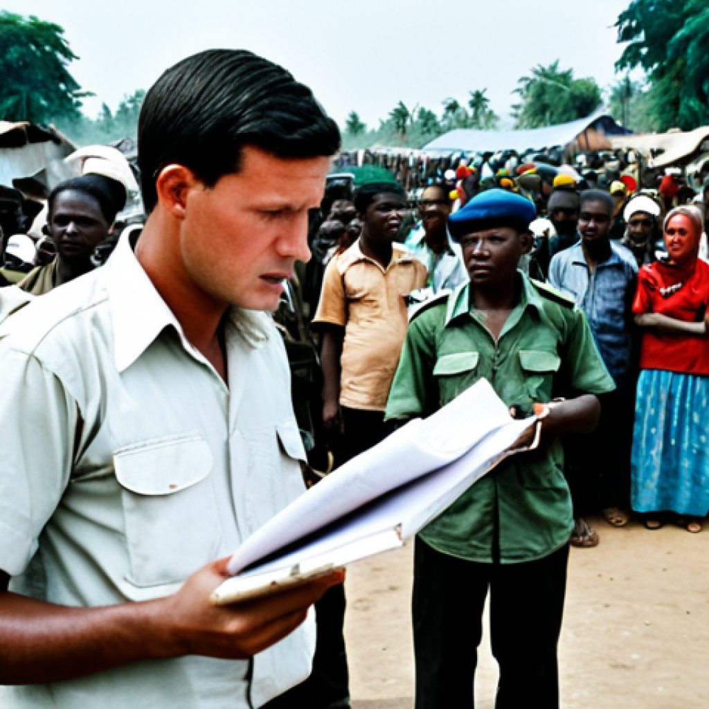 International Media Coverage**

"A fully clothed reporter stands amidst a crowded refugee camp during the Biafran War, holding a microphone and notepad, appropriate attire, safe for work. In the background, aid workers distribute supplies. The scene conveys both sympathy and scrutiny, illustrating the challenges of balancing objectivity in conflict reporting. Natural pose, perfect anatomy, correct proportions, professional photojournalism, high quality, modest."

**