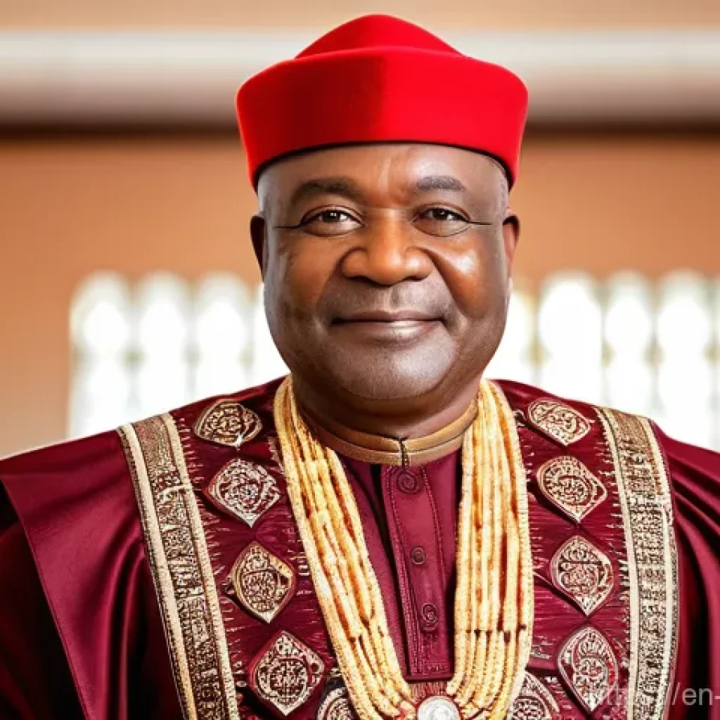 비아프라 전통 의상 - **Dignified Isiagu Leadership:**
    A distinguished Igbo man in his late 40s, standing with an air ...