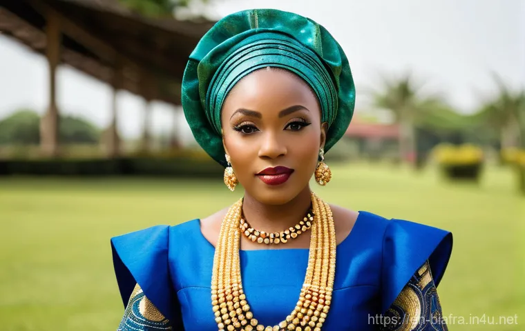 비아프라 전통 의상 - **Dignified Isiagu Leadership:**
    A distinguished Igbo man in his late 40s, standing with an air ...