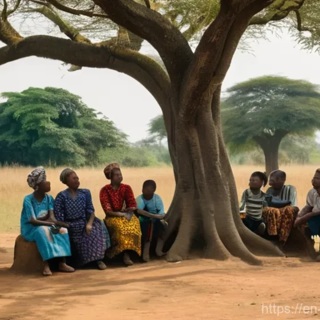 비아프라 독립운동과 청년 운동 - **Prompt:** "A group of Igbo villagers, including men, women, and modestly dressed children, are gat...