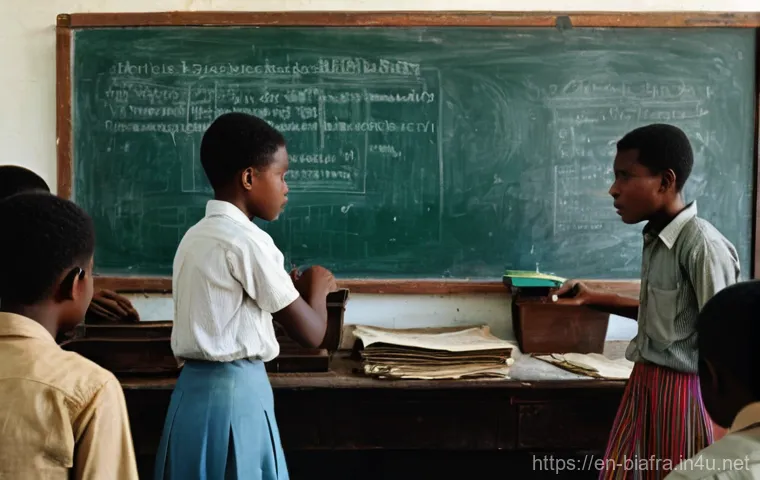 비아프라 독립운동과 청년 운동 - **Prompt:** "A group of Igbo villagers, including men, women, and modestly dressed children, are gat...