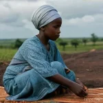 비아프라 전쟁 관련 다큐멘터리 - **Prompt:** A dignified, elderly woman, with wise and weary eyes, seated gently on a simple, woven m...