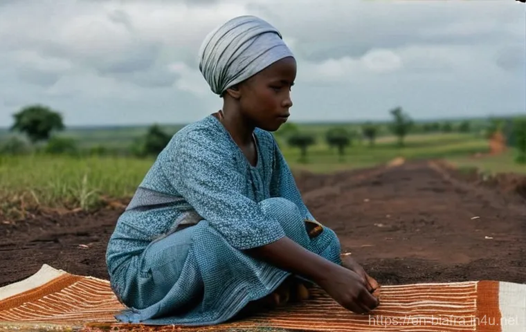 비아프라 전쟁 관련 다큐멘터리 - **Prompt:** A dignified, elderly woman, with wise and weary eyes, seated gently on a simple, woven m...