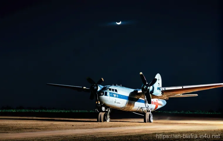 비아프라 독립운동 지지 국가 - Humanitarian Airlift in the Night Sky**

"A dramatic, cinematic shot of an old, propeller-driven car...