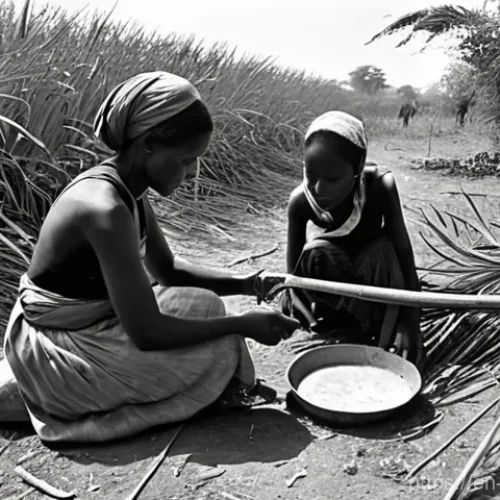 비아프라 전쟁 생존자 인터뷰 - **Prompt:** A weathered but determined Biafran family, consisting of a mother, father, and two young...