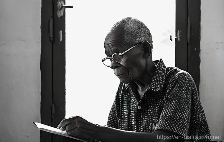 비아프라 전쟁 생존자 인터뷰 - **Prompt:** A compassionate female aid worker, dressed in a simple, practical uniform, is gently off...