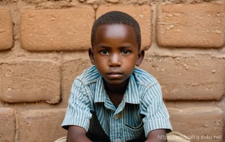 비아프라 전쟁 관련 책 추천 - **A Child's Resilient Gaze:** A young African child, around 7-9 years old, with deep, thoughtful eye...