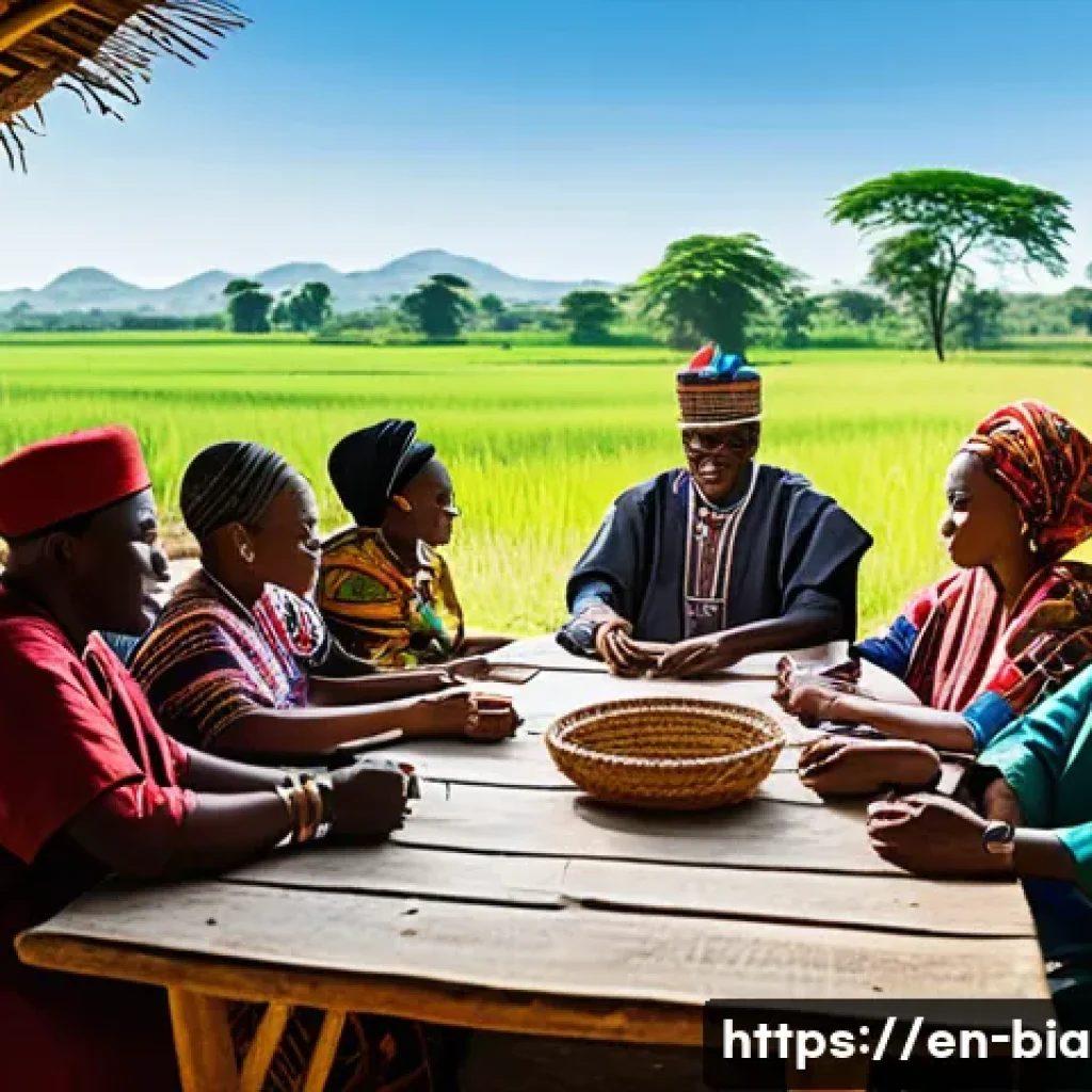 비아프라 전쟁과 아프리카 연합 AU - A detailed scene depicting a diverse group of African community leaders, including men and women fro...