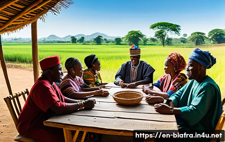 비아프라 전쟁과 아프리카 연합 AU - A detailed scene depicting a diverse group of African community leaders, including men and women fro...