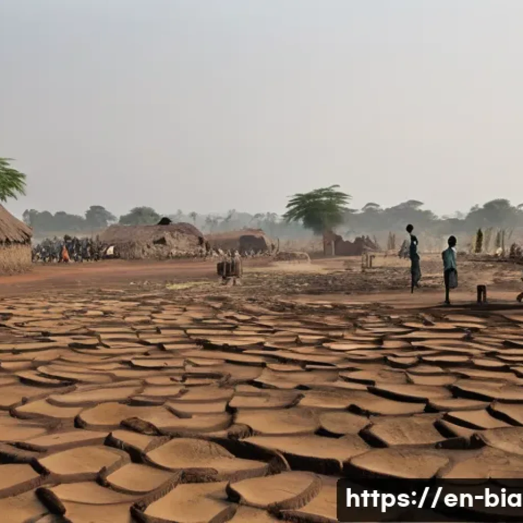 비아프라 전쟁의 경제적 손실 - A detailed scene depicting a devastated Nigerian farming village after wartime destruction: barren, ...