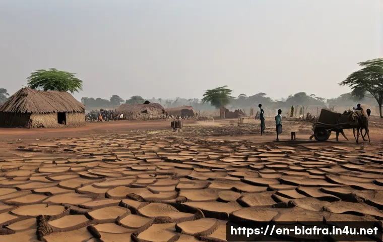 비아프라 전쟁의 경제적 손실 - A detailed scene depicting a devastated Nigerian farming village after wartime destruction: barren, ...
