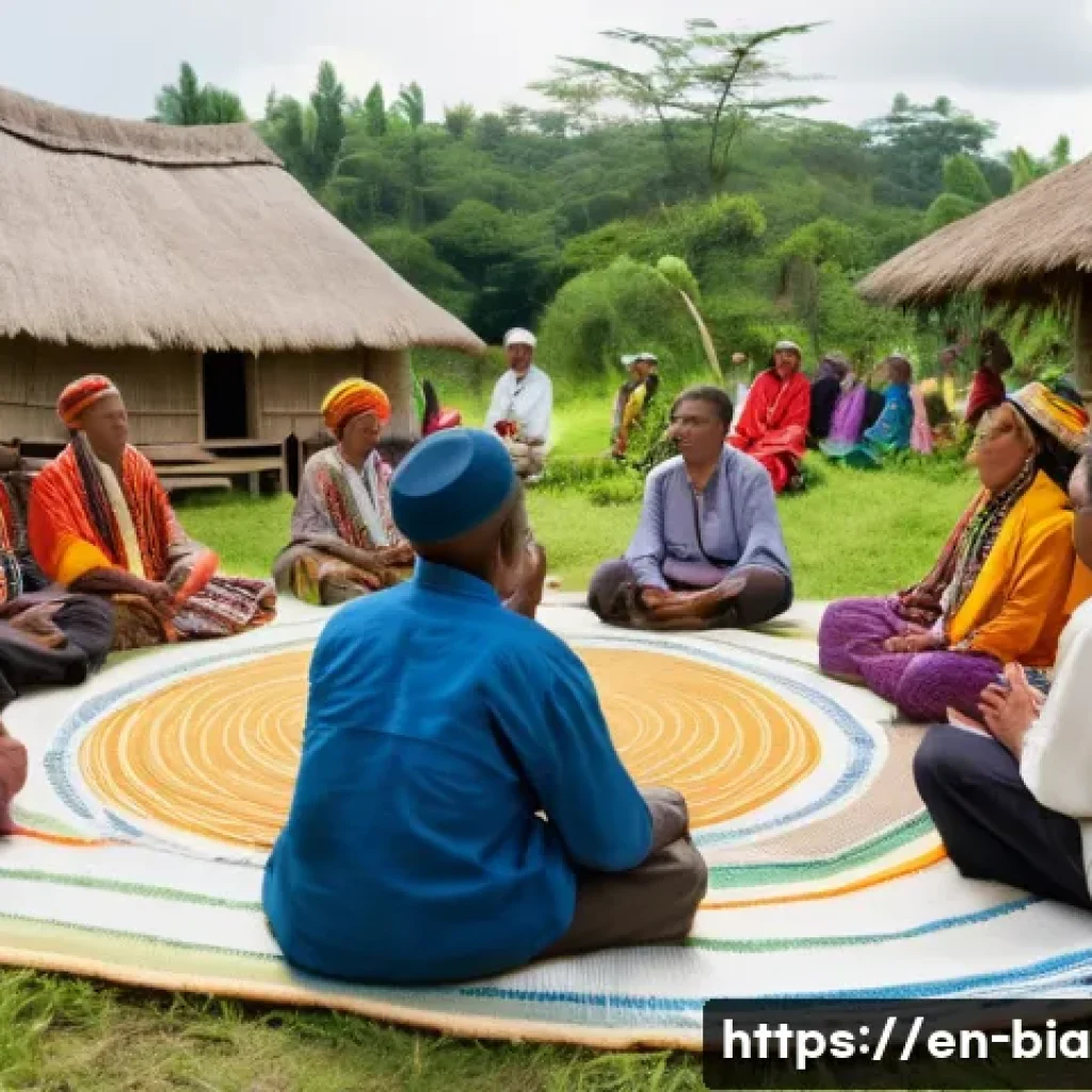 비아프라 전쟁과 심리적 트라우마 - A diverse group of community members gathered outdoors in a peaceful village setting during a cultur...