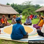 비아프라 전쟁과 심리적 트라우마 - A diverse group of community members gathered outdoors in a peaceful village setting during a cultur...