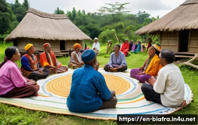 비아프라 전쟁과 심리적 트라우마 - A diverse group of community members gathered outdoors in a peaceful village setting during a cultur...