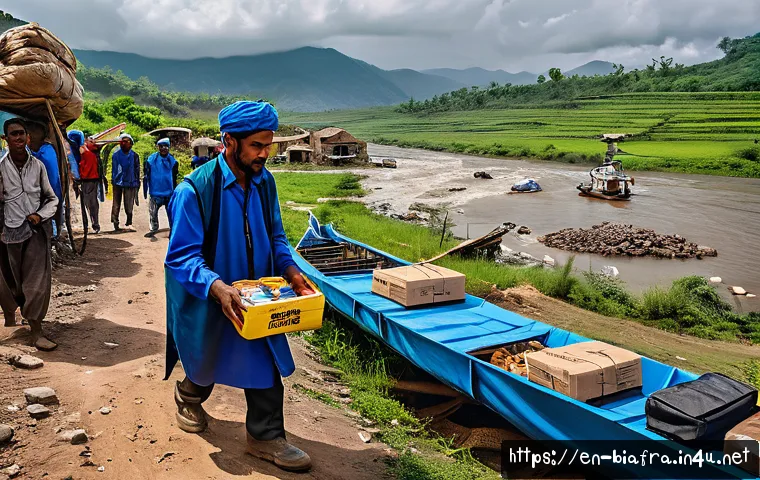 비아프라 전쟁과 국제 원조 단체 - A detailed scene of humanitarian aid workers in a remote, war-torn village delivering food and medic...