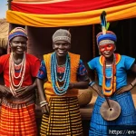 비아프라 주요 축제 - A vibrant village festival scene in West Africa during sunset, featuring a diverse group of people o...