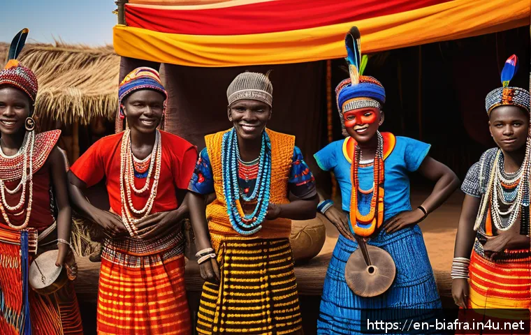 비아프라 주요 축제 - A vibrant village festival scene in West Africa during sunset, featuring a diverse group of people o...