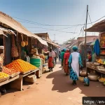 비아프라 공화국의 수도 - A vibrant urban street scene in a resilient West African city, showcasing a bustling open-air market...