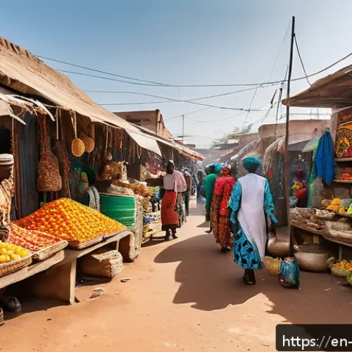 비아프라 공화국의 수도 - A vibrant urban street scene in a resilient West African city, showcasing a bustling open-air market...