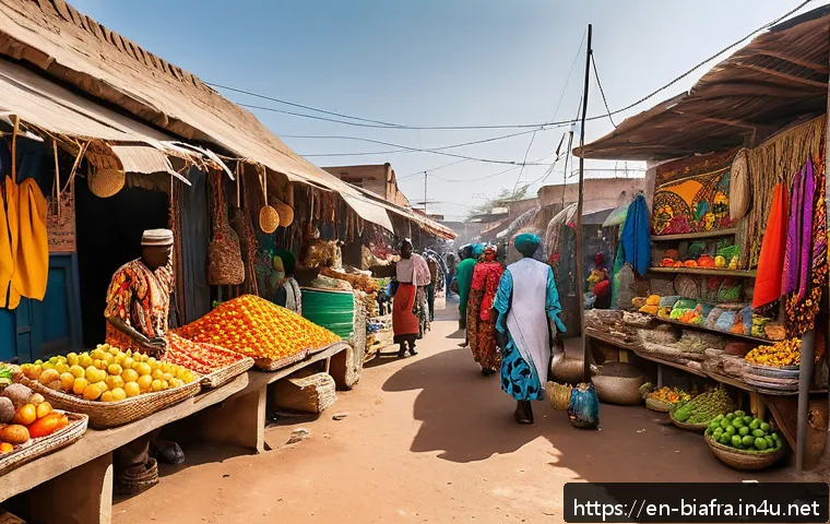 비아프라 공화국의 수도 - A vibrant urban street scene in a resilient West African city, showcasing a bustling open-air market...