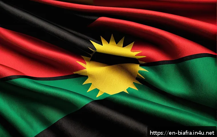 비아프라 공화국의 국기 의미 - A vibrant and detailed illustration of the Biafra flag waving proudly in the wind, showcasing three ...