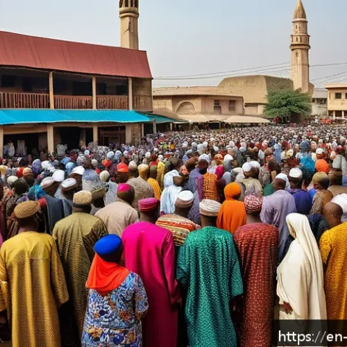 비아프라 전쟁과 기독교 vs 이슬람 - A detailed scene of a bustling Nigerian urban marketplace where diverse ethnic groups&mdash;Hausa-Fulani M...