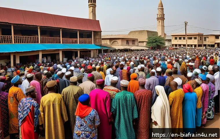 비아프라 전쟁과 기독교 vs 이슬람 - A detailed scene of a bustling Nigerian urban marketplace where diverse ethnic groups—Hausa-Fulani M...