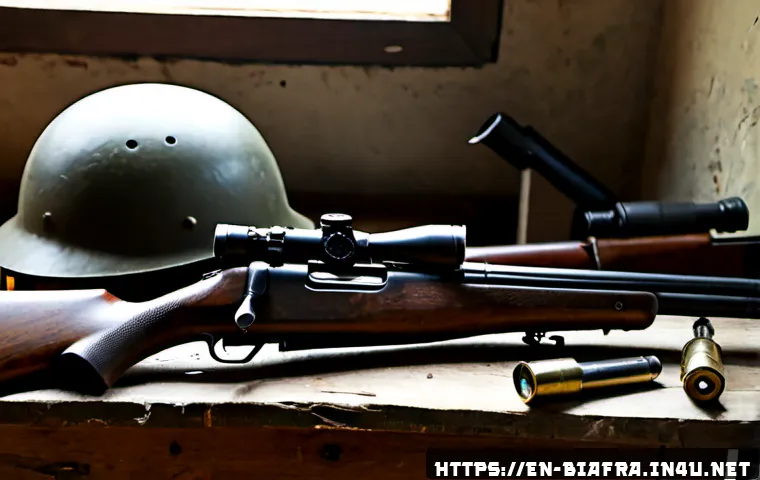비아프라 전쟁 당시 사용된 무기 - Photorealistic historical museum-style still life of Nigerian Civil War era weapons used during the ...